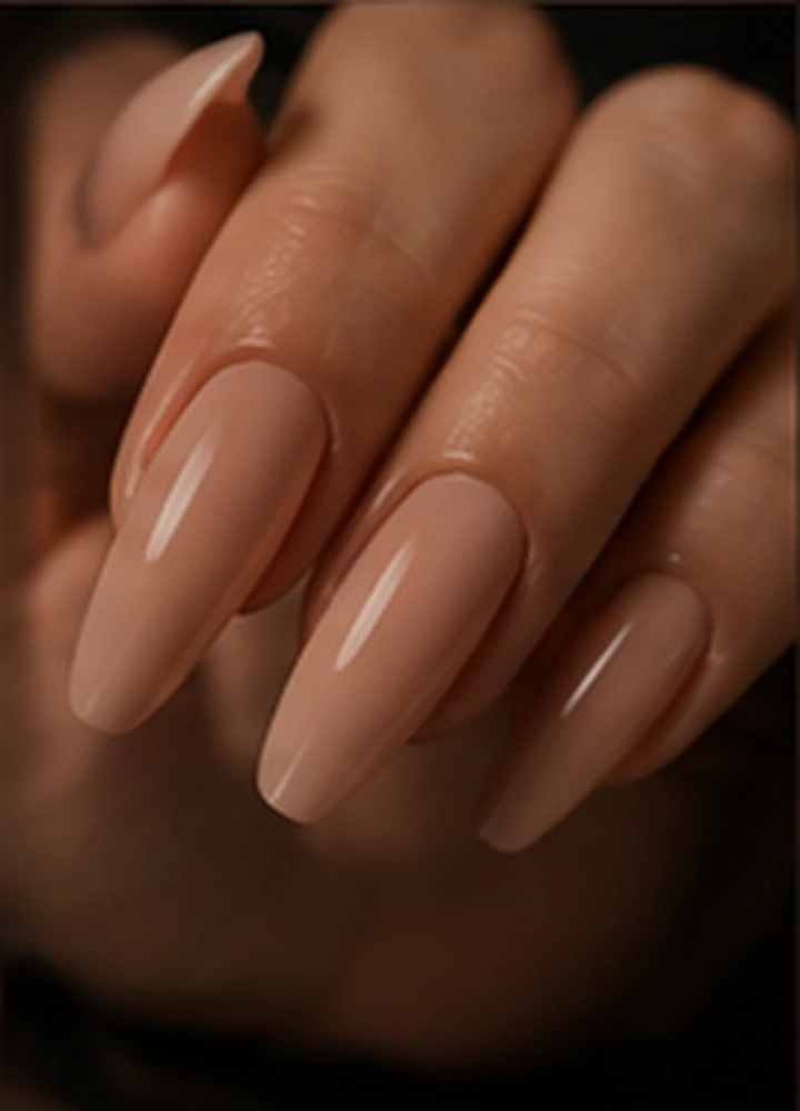 Unhas alongadas em tom nude com acabamento brilhante
