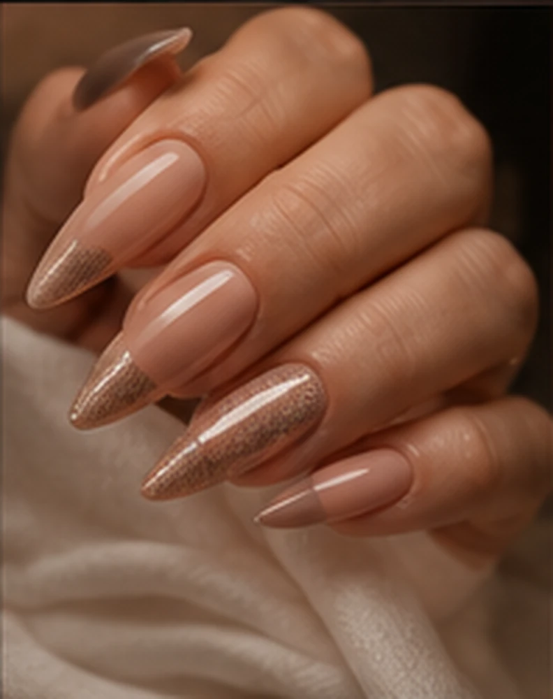Unhas nude com banho de gel e acabamento uniforme