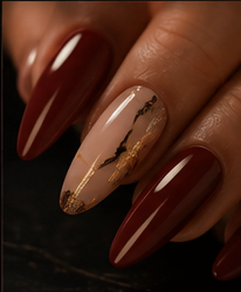 Unhas longas esmaltadas em vinho com acabamento brilhante